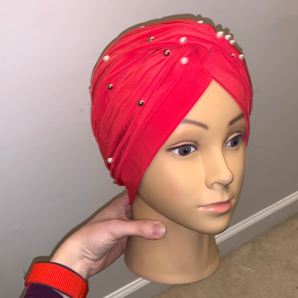 Red Pearl and Stud Turban Hijab